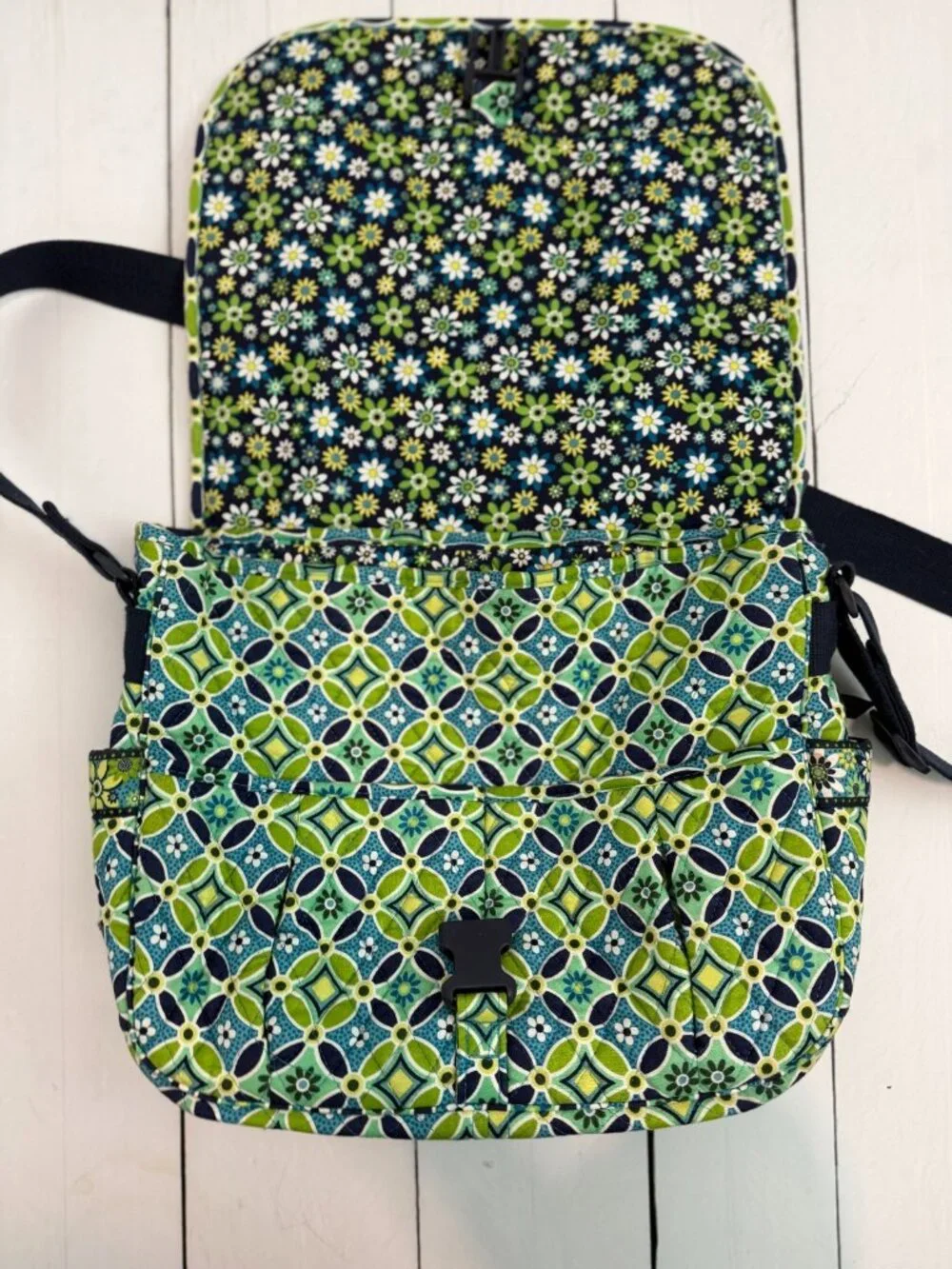 Vera Bradley Crossbody Messenger Laptop Bag Blue Green Daisy Daisy 14x10x4 in